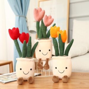 3-Pack Tulip Flower Pot Plush Set Red Orange Pink