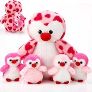 14-Inch Mommy Penguin with 4 Babies Plush Set Heart Style